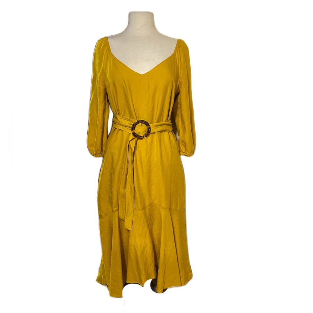 Maeve Anthropologie Artemis Midi Dress W/Belt Mustard Yellow Fall Feminine Sz 8